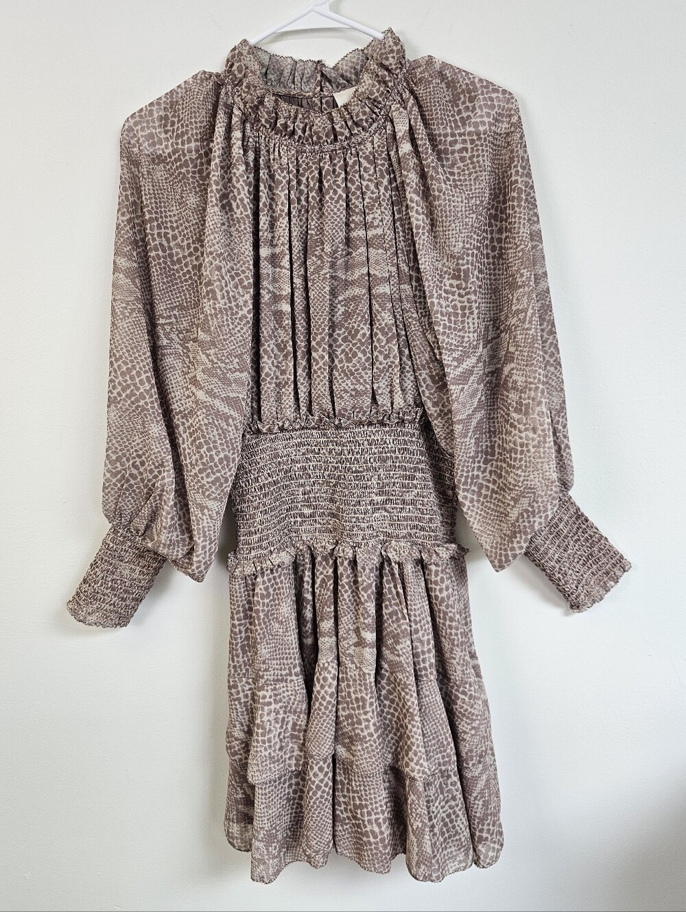 Cleobella Emma Smocked Snake Print Dress  Mock Neck Ballon Sleeve